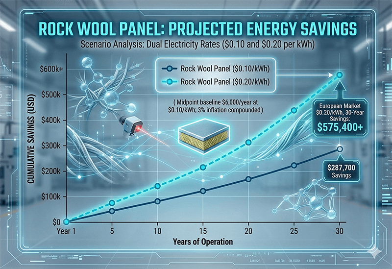 30-year cumulative energy saving rock wool sandwich panel