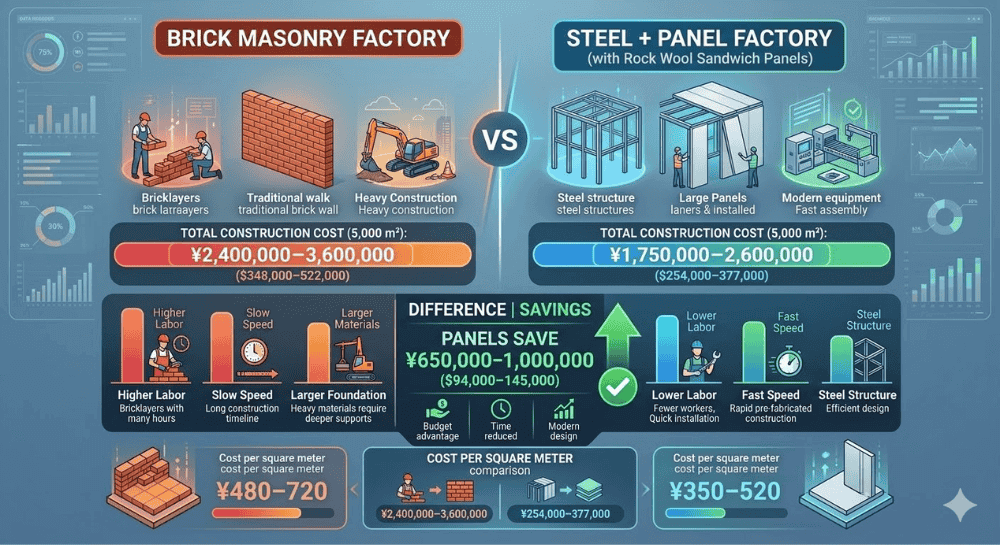 rock wool sandwich panel vs brick wall complete factory construction cost per square meter comparison infographic