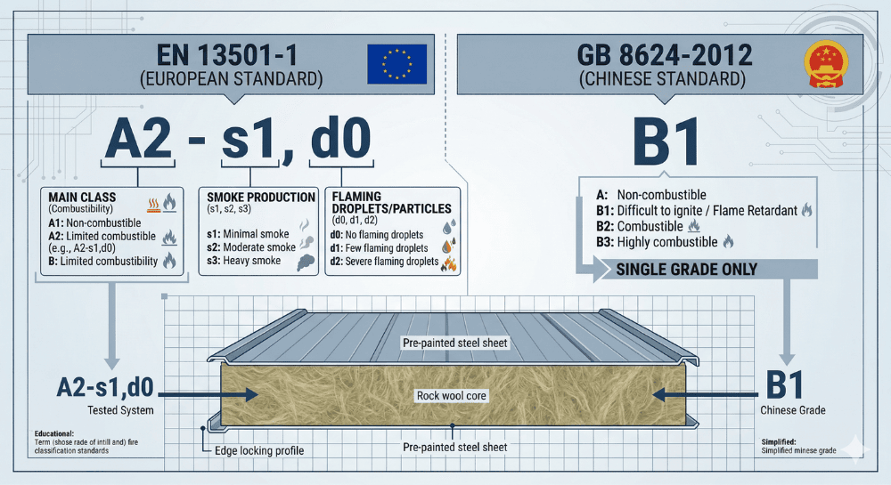: How to read EN 13501-1 fire classification code — A2-s1,d0 decoded for sandwich panel specification
