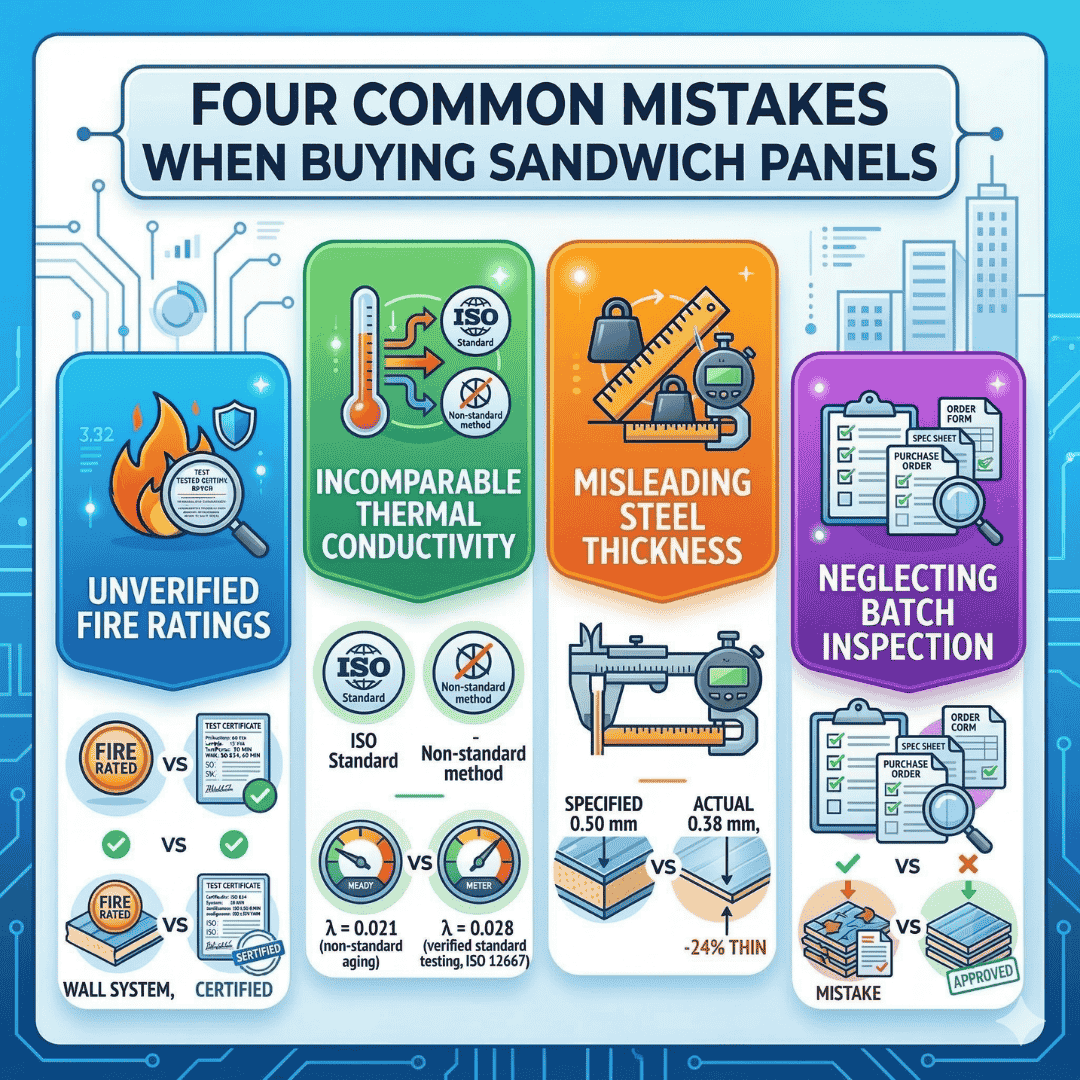 Infographic showing four common mistakes when buying sandwich panels