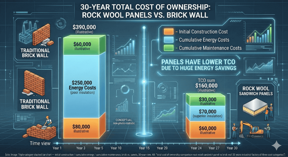 total cost of ownership comparison rock wool sandwich panel vs brick wall 30 years industrial factory all three cost categories