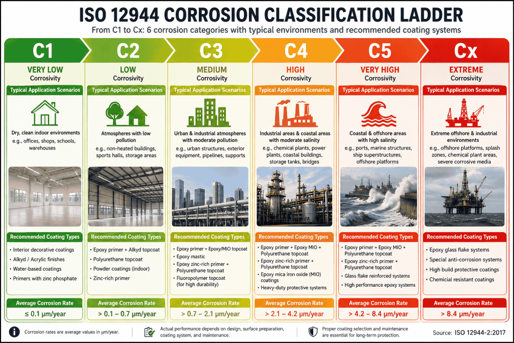 ISO 12944 corrosivity categories C4 C5-M coastal chemical plant roofing guide