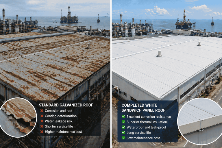 coastal chemical plant corrosion resistant sandwich panel roof before after