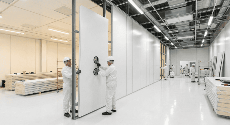 Modular cleanroom panel installation pharmaceutical facility