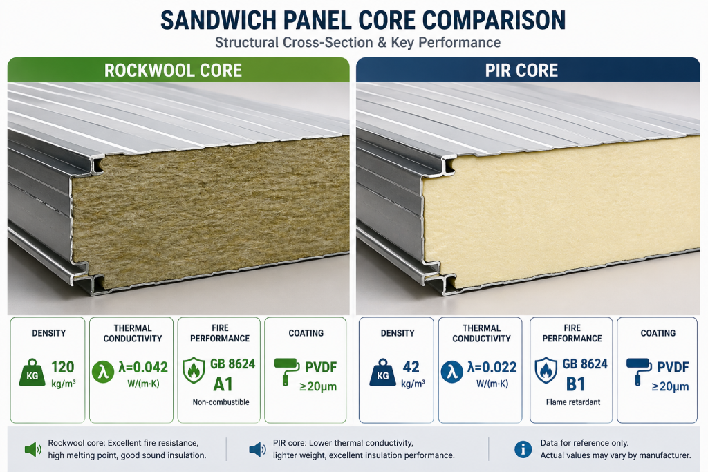 rock wool A1 vs PIR B1 sandwich panel corrosion resistant roofing GB 862