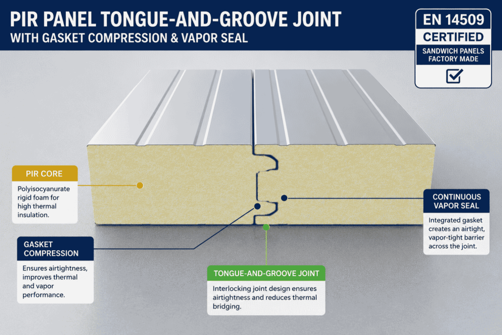 PIR cold storage sandwich panels tongue-groove joint vapor seal EN 14509