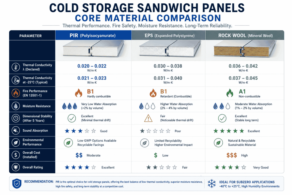 PIR vs EPS vs rockwool cold storage sandwich panels core material comparison λ values